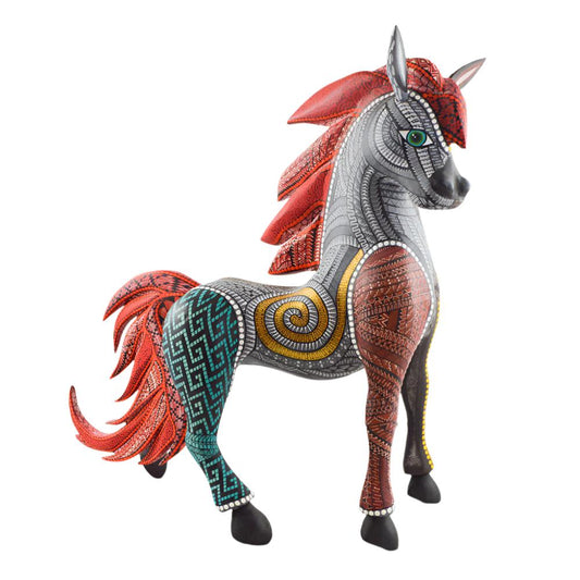 Colorful Mexican alebrije shaped like a horse, featuring intricate carvings and vibrant patterns, showcasing traditional craftsmanship and artistic detail