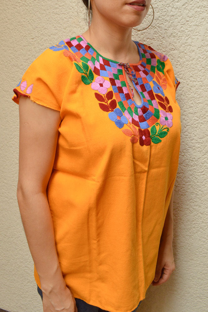 Embroidered Mexican Blouse | Amber - Alebrije Huichol Mexican Folk art magiamexica.com