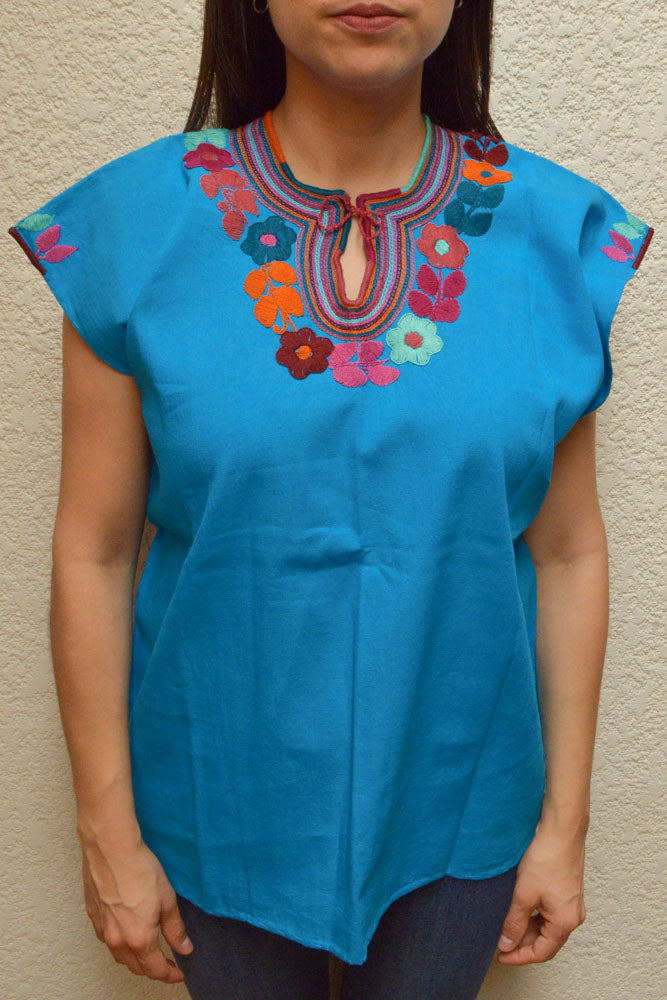 Embroidered Mexican Blouse | Light Blue - Alebrije Huichol Mexican Folk art magiamexica.com