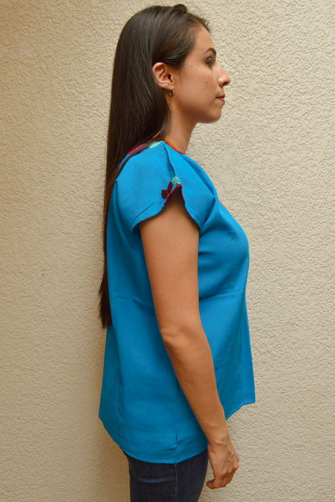 Embroidered Mexican Blouse | Light Blue - Alebrije Huichol Mexican Folk art magiamexica.com