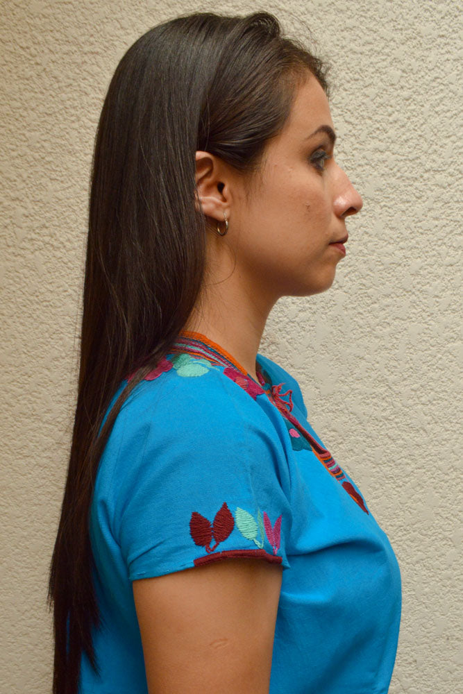 Embroidered Mexican Blouse | Light Blue - Alebrije Huichol Mexican Folk art magiamexica.com