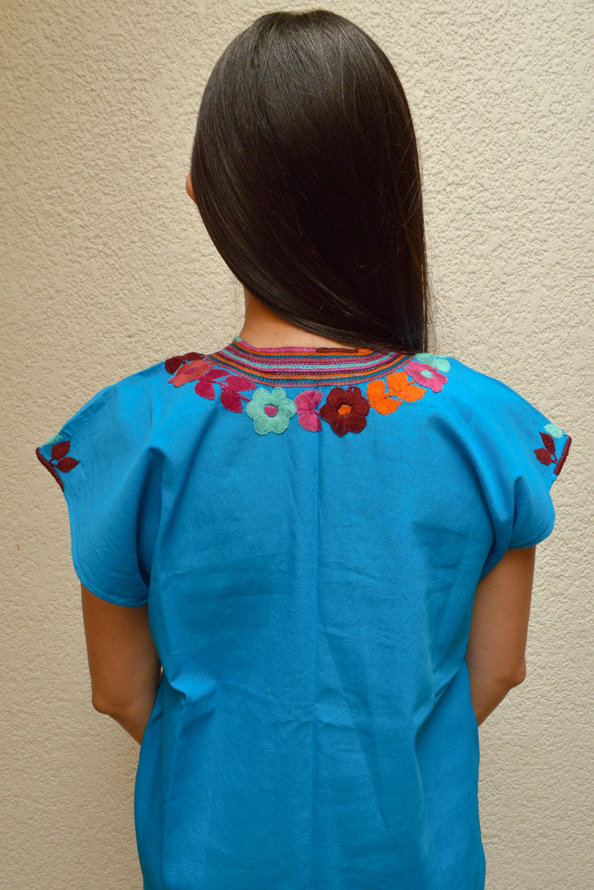 Embroidered Mexican Blouse | Light Blue - Alebrije Huichol Mexican Folk art magiamexica.com