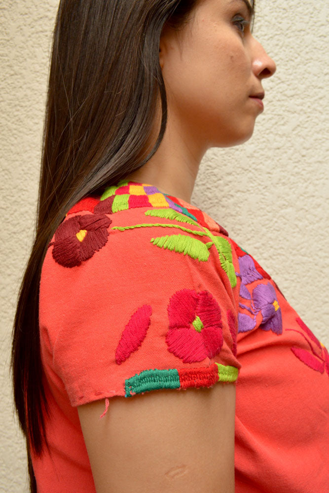 Embroidered Mexican Blouse | Coral - Alebrije Huichol Mexican Folk art magiamexica.com