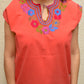 Embroidered Mexican Blouse | Coral - Alebrije Huichol Mexican Folk art magiamexica.com