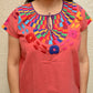 Embroidered Mexican Blouse | Coral - Alebrije Huichol Mexican Folk art magiamexica.com