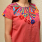 Embroidered Mexican Blouse | Coral - Alebrije Huichol Mexican Folk art magiamexica.com