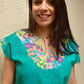 Embroidered Mexican Blouse | Turquoise - Alebrije Huichol Mexican Folk art magiamexica.com