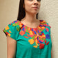 Embroidered Mexican Blouse | Turquoise - Alebrije Huichol Mexican Folk art magiamexica.com