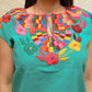 Embroidered Mexican Blouse | Turquoise - Alebrije Huichol Mexican Folk art magiamexica.com