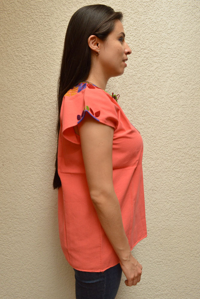 Embroidered Mexican Blouse | Light Salmon - Alebrije Huichol Mexican Folk art magiamexica.com