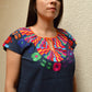 Embroidered Mexican Blouse | Navy - Alebrije Huichol Mexican Folk art magiamexica.com