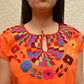 Embroidered Mexican Blouse | Orange - Alebrije Huichol Mexican Folk art magiamexica.com