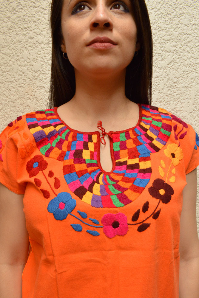 Embroidered Mexican Blouse | Orange - Alebrije Huichol Mexican Folk art magiamexica.com