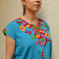 Embroidered Mexican Blouse | Light Blue - Alebrije Huichol Mexican Folk art magiamexica.com